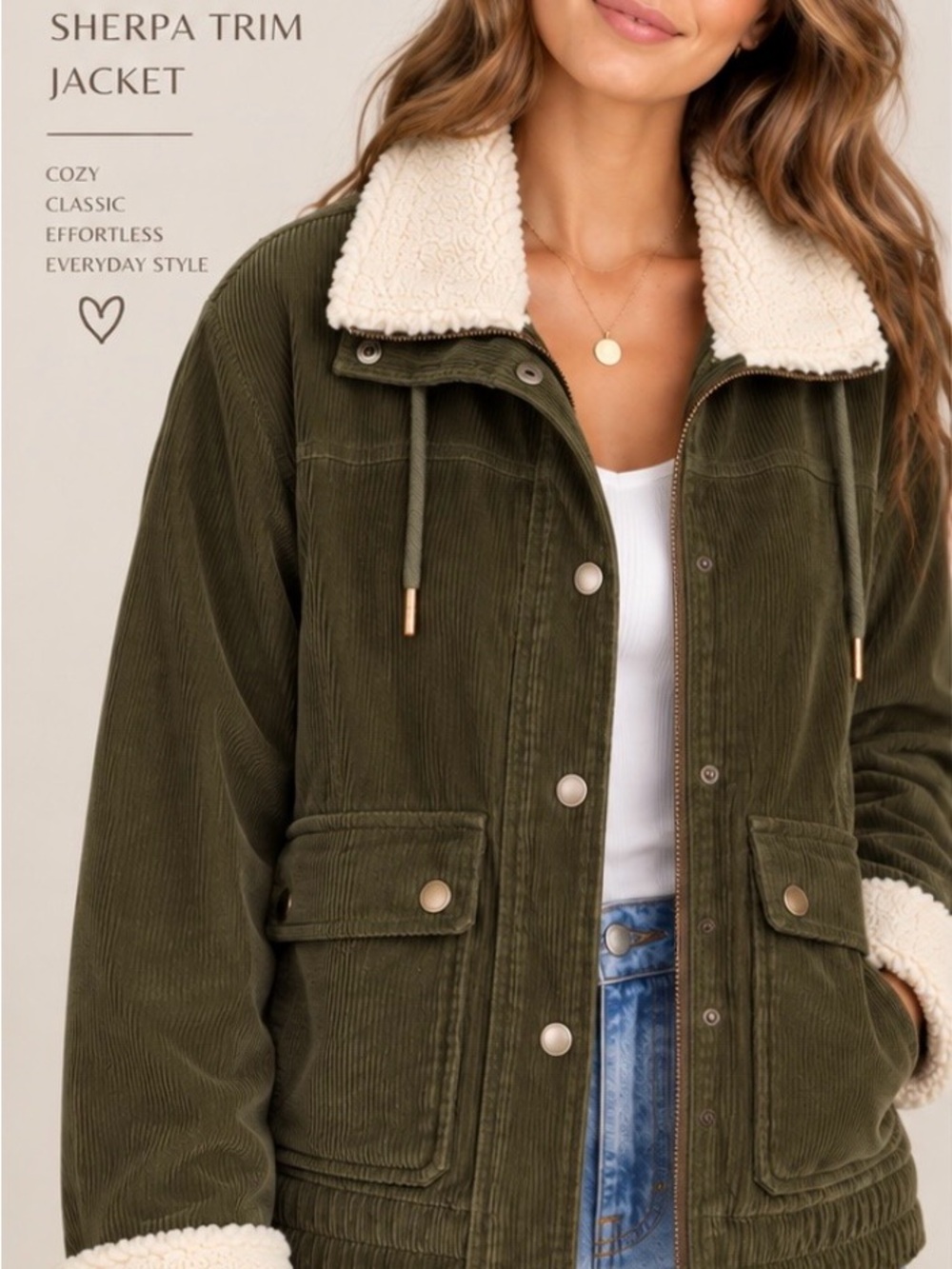 Altar’d State Olive Corduroy Sherpa Trim Utility Jacket Coat Cream Ivory Size XS
